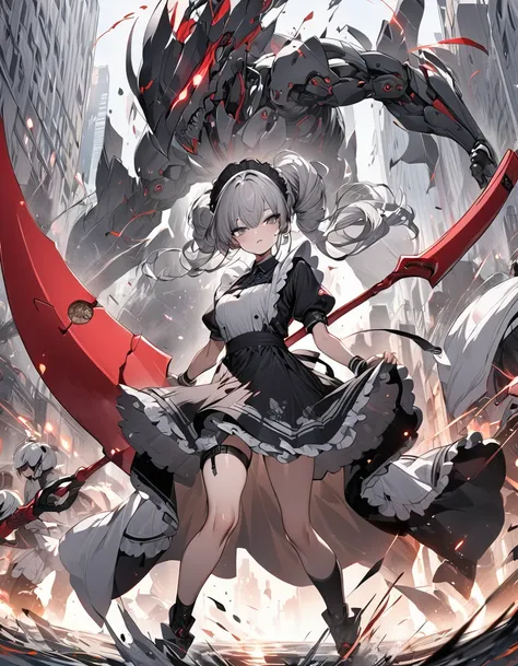 Highest quality　masterpiece　High resolution　masterpiece　Gray Hair　Dark Eyes　Maid-type Android　Wields a large red-bladed scythe　Battle Scenes　Motion Blur　Wide View