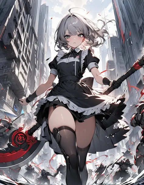 Highest quality　masterpiece　High resolution　masterpiece　Gray Hair　Dark Eyes　Maid-type Android　Wields a large red-bladed scythe　Battle Scenes　Motion Blur　Wide View