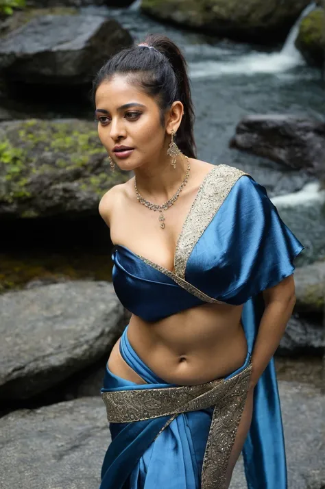 day scene, extreme close up photo of naked latina, hourglass figure, tall sexualized body , showing deep cleavage, open arms, seducing near waterfalls, ponytail, necklace, blue satin silk half saree, look at viewer, (insanely detailed skin texture , detail...