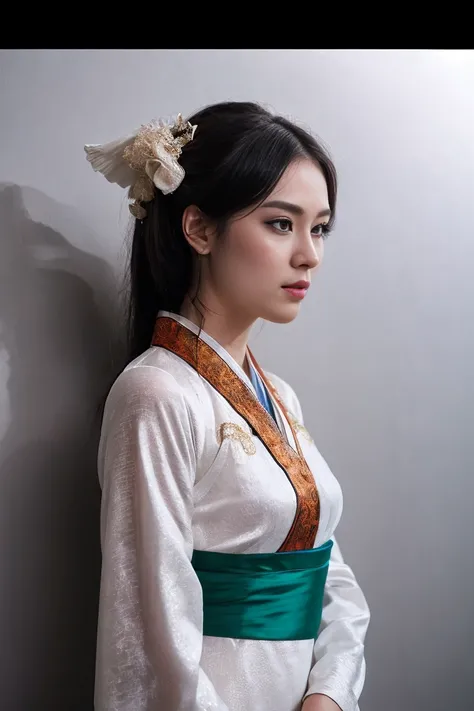 1 girl, heroine, handsome, splashed ink, Chinese armor, (upper body), black hair, floating hair, delicate eyes, black and green antique damask Hanfu, fov, (f1.8), (masterpiece), (portrait shot), front shot, white background, (movie poster), weapon