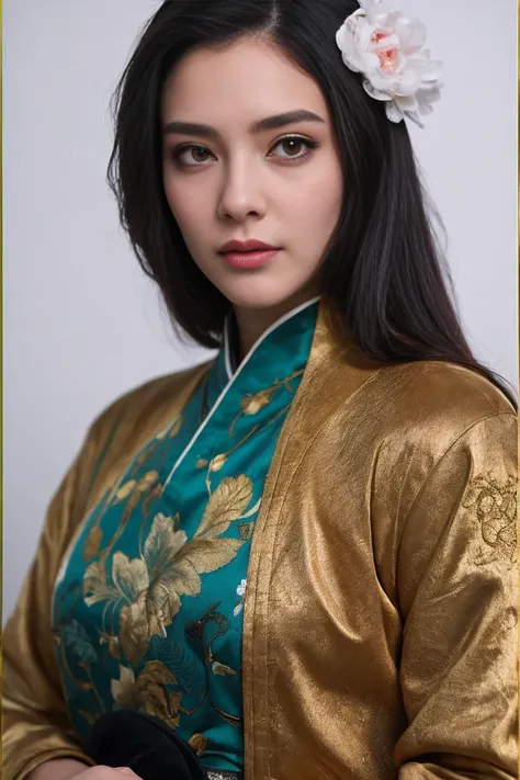 1 girl, heroine, handsome, splashed ink, Chinese armor, (upper body), black hair, floating hair, delicate eyes, black and green antique damask Hanfu, fov, (f1.8), (masterpiece), (portrait shot), front shot, white background, (movie poster), weapon