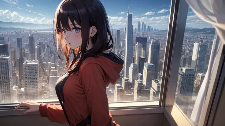 Ultra-high resolution, 8k, (Official Art, beautifully、mysterious:1.2), Anime Art Wallpaper, Works by Makoto Xin Haicheng, Lofi Art Style, Lo-fi feel, Perfect human body engineering, 1 female, mysteriousな瞳, Oversized hoodie and short skirt, Shiny long black...