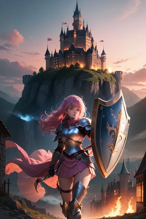 anime girl in dark pink armor with a sword and shield being 20 years old in a medieval landscape with the shield raised and a castle in the distance and a dragon breathing fire and a knight at the castle entrance