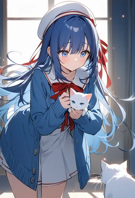 One Girl、Navy Blue Hair、Light blue eyes、Shoulder-length hair、Wearing a white beret、Holding a white cat、She is wearing a navy blue cardigan、A red ribbon is attached to the chest of the dress、Facing forward