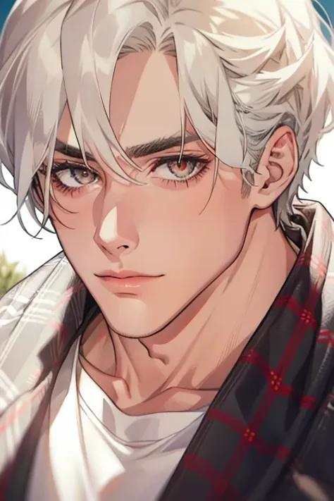 (1 man),close up shot, very long white hair, muscular, flannel shirt, farm background