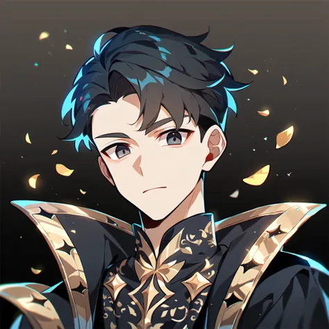 1 young man, focus man , No smile, human, short hair, black hair, dark black eyes ,He wore a black robe with some gold embroidery. , Wear black jewelry , Fantasy, The best aesthetics , best quality, Amazing quality, The best aesthetics
