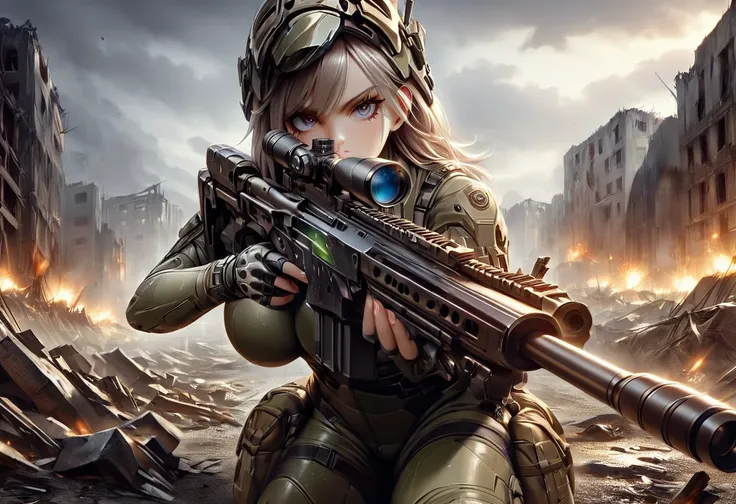 young and very beautiful female sniper, aiming the muzzle of her sniper rifle at the viewer, detailed ideal proportions, shapely...