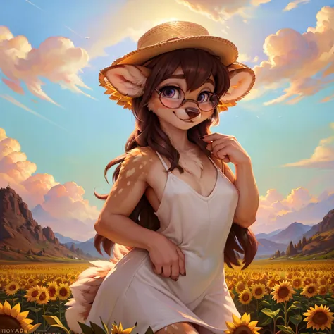 uploaded on e621, by Pixelsketcher, by Bayard Wu, by Thomas Benjamin Kennington , by Einshelm, by hioshiru and kenket, Chunie, portrait, solo anthro female deer doe, with small featureless breasts, clear dark blue, cinematic lighting, day, sunny day, sunfl...