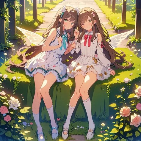 kawaii, anime, Cute, hyper quality, highly detailed, 8k, Front facing, Clarity, dark brown long hair, smile, green eyes, white rose, Set in Alices Wonderland, planted white roses, white rose petals are dancing, Draw facial expressions in detail, striped ov...