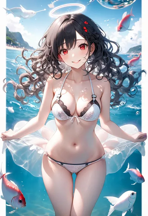 (full body, pov angel swimsuit style), (solo:2, 15 yo, curly:1.3 black hair long hair lovely girl, sexy red eyes, love smile, medium tits), (in a white shell:1.4 bra bikini, double exposure White Feather), break, in the Swimsuit contest venue, background D...