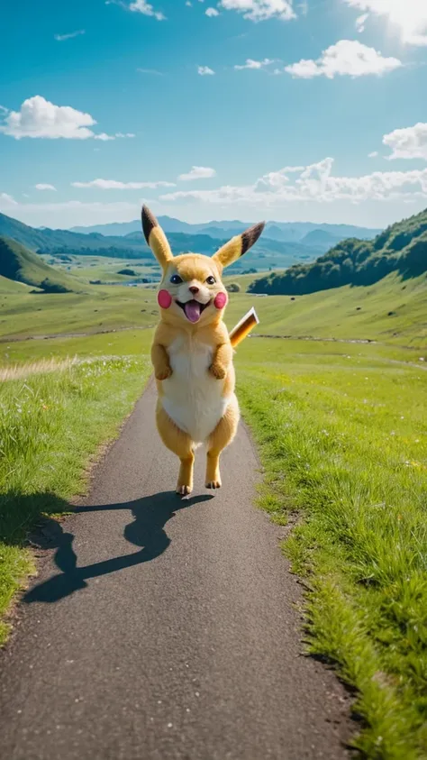 anime, Cinematography, Pikachu,Walking on four legs,The expression is full of confidence,The jagged tail points upwards,The background is a single road in the grassland,Spectacular views,Overlooking, from the front