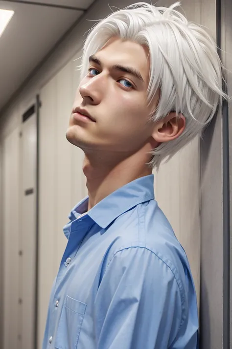 anime boy. White hair, light red eyes, 167 cm tall, high nose, wearing a blue shirt. Age approximately 16-17 years 