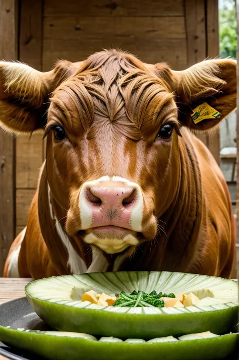 ((best quality)), ((masterpiece)), (detailed), perfect face cow image with vegetables
