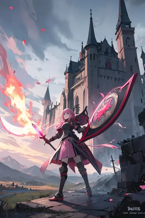 anime girl in dark pink armor with a sword and shield being 20 years old in a medieval landscape with the shield raised and a castle in the distance and a dragon breathing fire and a knight at the castle entrance