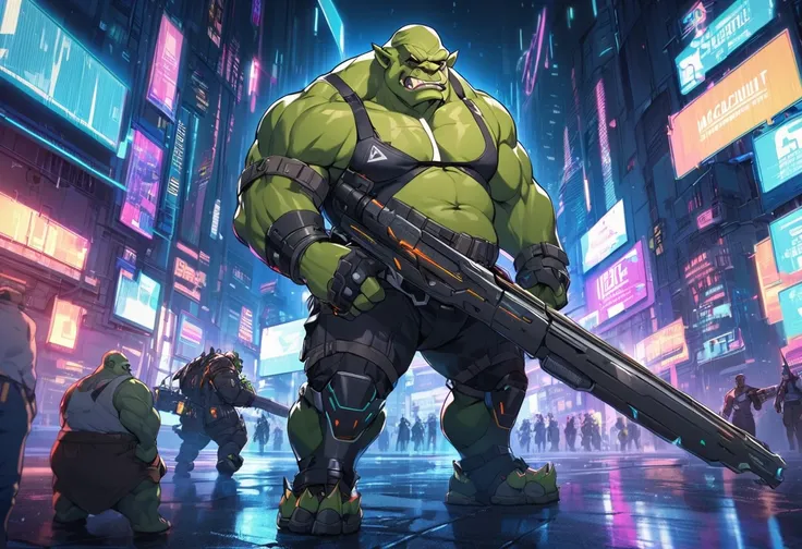 Action scene with a bulky male orc, cyberpunk fashion, augmentations, wielding sawn-off shotgun in right hand, wielding modernized macuahuitl in left hand, cyberpunk background