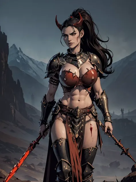 (masterpiece, top quality, best quality, official art, beautiful and aesthetic:1.2), (1girl:1.3), ((Sharp facial features, sharp features, hawkish features)), ((pale skin, orange eyes, big hair, long black hair, ponytail)), big tiddy chaos warrior girl, ex...