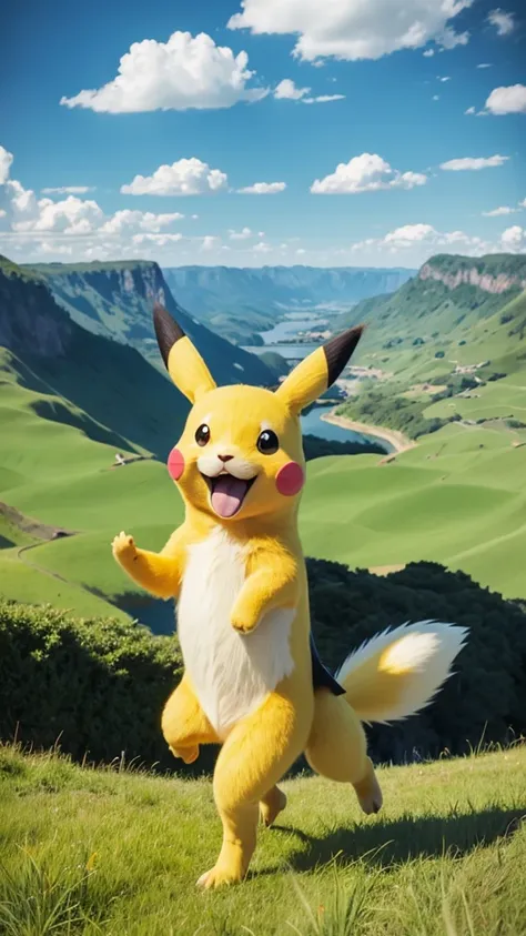 anime, pop,Pikachu,Walking on four legs,The expression is full of confidence,The jagged tail points upwards,The background is a single road in the grassland,Spectacular views,Overlooking, from the front,Ghibli-style colors, 