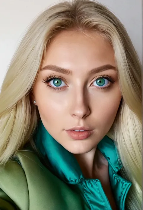 Blonde woman with blue eyes and green jacket taking a selfie, blonde hair and blue eyes, blonde hair blue eyes, blonde hair and big eyes, long blonde hair and big eyes, blue eyes and blonde hair, long blonde hair and blue eyes, blonde hair green eyes, blon...