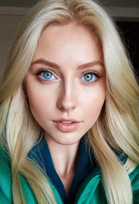 Blonde woman with blue eyes and green jacket taking a selfie, blonde hair and blue eyes, blonde hair blue eyes, blonde hair and big eyes, long blonde hair and big eyes, blue eyes and blonde hair, long blonde hair and blue eyes, blonde hair green eyes, blon...