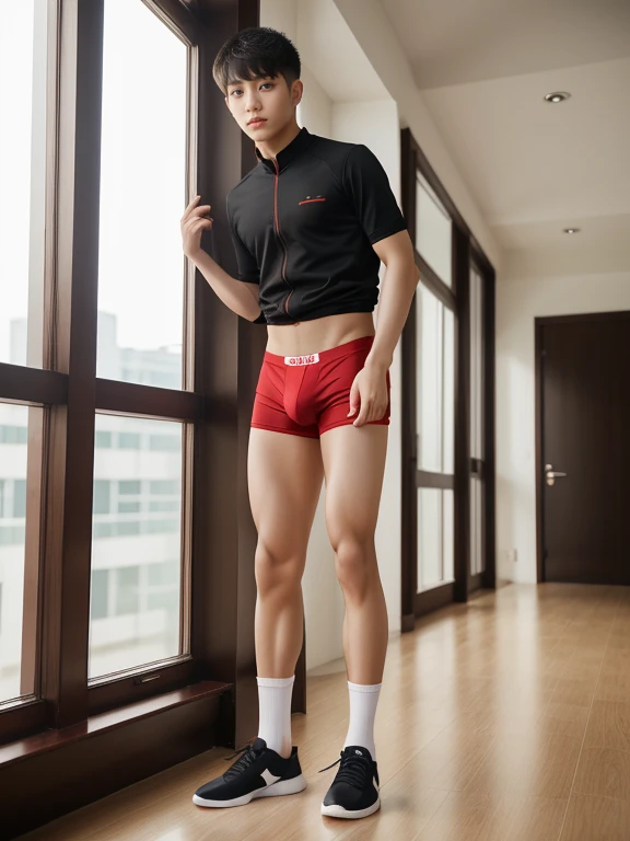 16 years old teenagers , very young , light-skin , wearing an dark red sexy underwear, tmasterpiece，k hd，the feet，Transparent sports vest，semi transparent，black long socks，The barefoot , red colour , handsome and cute , extreme cute boy , white skin , dark...