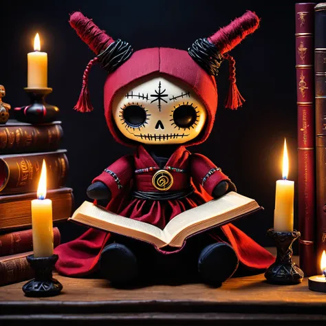 (knitted toy voodoo doll:1.5), (Voodoo Dark Sorcerer:1.3), (Clothing: dark sorcerer robes with arcane symbols:1.0), (Accessories: enchanted dark orb emitting a malevolent glow, floating mystical symbols:1.1), (background: dark, enchanted tower with floatin...