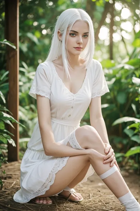 A girl with white hair reaching below her thighs, her bright and vivid ruby-colored faith eyes, her skin pale and soft, innocent and pure, She only wears a white short-sleeved dress that reaches to her knees and her legs and arms are covered by bandages.