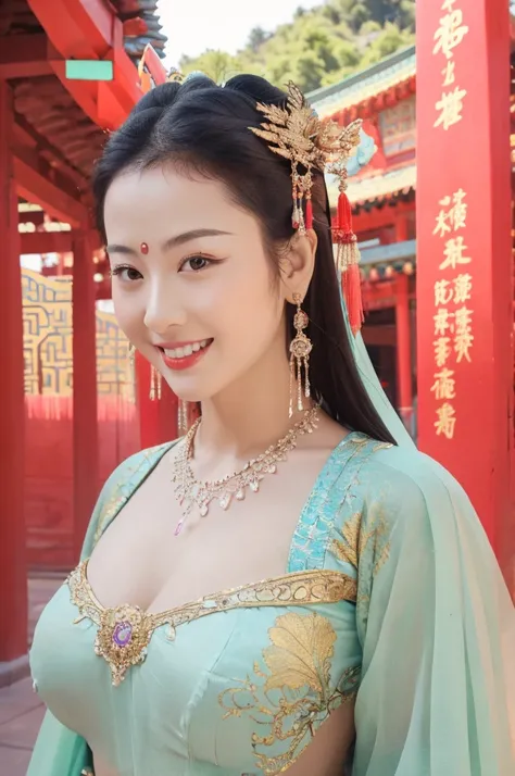 best quality, 8k, very delicate and beautiful, highly detailed face and skin texture, shiny skin, high resolution, huge tits sexy chinese girl in colorfull costume stand and smile in ancient temple, sharp focus