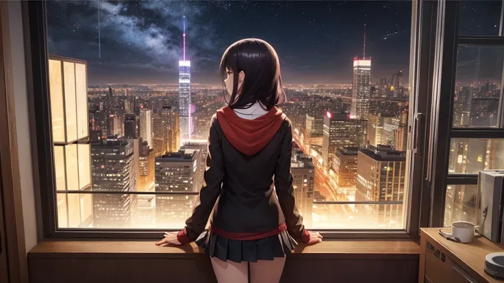 Ultra-high resolution, 8k, (Official Art, beautifully、mysterious:1.2), Anime Art Wallpaper, Works by Makoto Xin Haicheng, Lofi Art Style, Lo-fi feel, Perfect human body engineering, 1 female, mysteriousな瞳, Hoodie, uniform and short skirt, Shiny long black ...