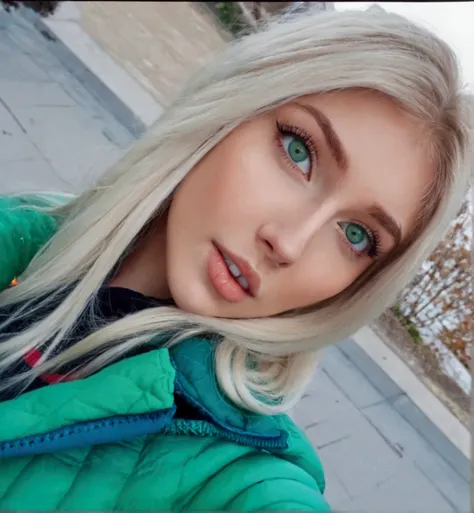 Blonde woman with blue eyes and green jacket taking a selfie, blonde hair and blue eyes, blonde hair blue eyes, blonde hair and big eyes, long blonde hair and big eyes, blue eyes and blonde hair, long blonde hair and blue eyes, blonde hair green eyes, blon...