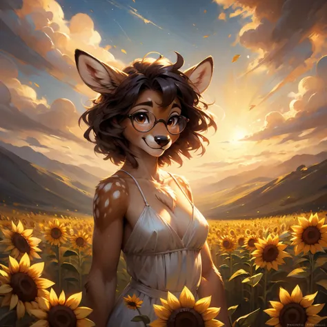 uploaded on e621, by Pixelsketcher, by Bayard Wu, by Thomas Benjamin Kennington , by Einshelm, by hioshiru and kenket, Chunie, portrait, solo anthro female deer doe, with small featureless breasts, clear dark blue, cinematic lighting, day, sunny day, sunfl...