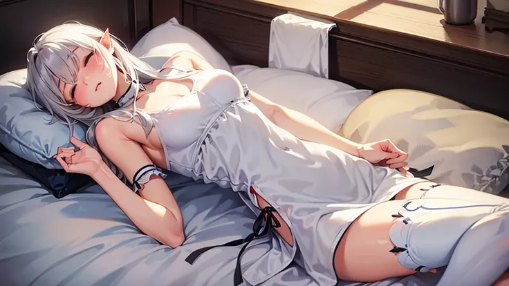 Silver Haired Elf、Highly revealing apron、living、Sleeping on a soft sofa、A comfortable sleeping face、I&#39;m wearing underwear