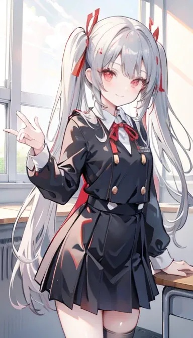 One girl, Red eyes, Twin tails, Grin, Small breasts, Gray Hair, Red ribbon, uniform, classroom