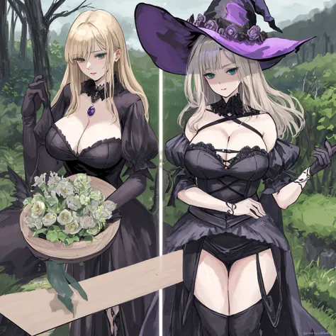 Mature Woman, (((Very realistic)))、(((witch)))、Delicate and precise expression、(((35 歳のイギリスの美人witch)))、Fluffy blonde、(美人witch)、(((Very large)))、(((Cleavage)))、(((とても深い森の奥に住む美人witch....)))、とてもセクシーな美人中年witch、