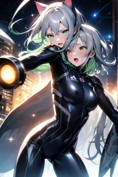 A silver-haired beautiful girl with cat ears eyes are green hair is silver and long clothes: a form-fitting black combat suit The fist is an afterimage The background is a city at night her is in a cat-like fighting pose The year is 14 years monitor, Dark ...