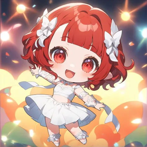 anime girl with red hair and white dress waving, anime chibi, cute character, dancing character, anime style character, inspired by Matsumura Goshun, inspired by Takehisa Yumeji, kawaii playful pose of a dancer, chibi, anime character, anime stylized, chib...