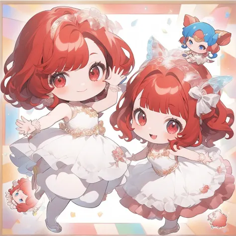 anime girl with red hair and white dress waving, anime chibi, cute character, dancing character, anime style character, inspired by Matsumura Goshun, inspired by Takehisa Yumeji, kawaii playful pose of a dancer, chibi, anime character, anime stylized, chib...