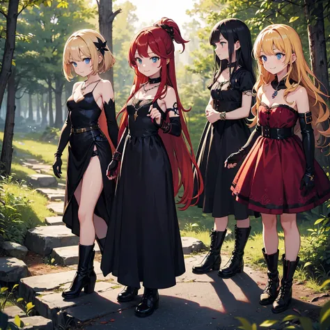 a group of beautiful witch girls in the middle of a forest in the night, tribal tattoo ,multiple girls, five girls, red and blonde hair , standing girl young girl, gloves, elbow pads, boots, smiles, small breasts, long black dress, necklaces, jewelry decor...