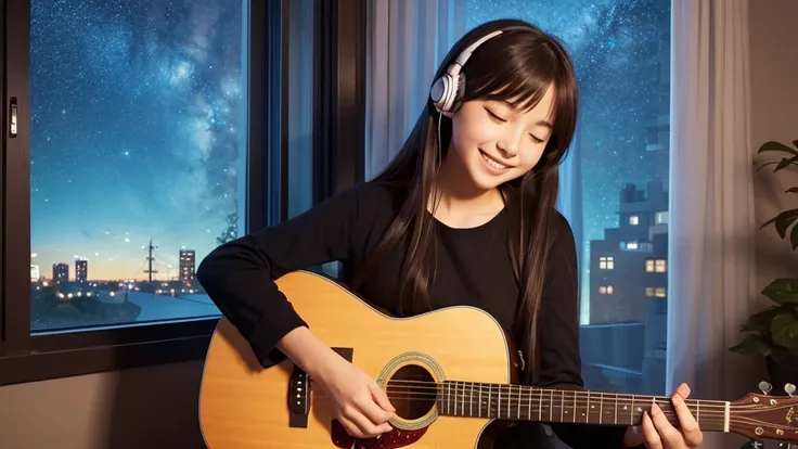 Anime Style、Girl playing guitar by the window at night、Girl smiling with eyes closed、A starry sky、Calm atmosphere、Fine details、solo, Long Hair, earphone, Highest quality, Anatomically correct, 