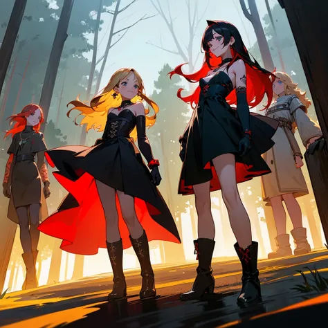 a group of beautiful witch girls in the middle of a forest in the night, tribal tattoo ,multiple girls, five girls, red and blonde hair , standing girl young girl, gloves, elbow pads, boots, smiles, small breasts, long black dress, necklaces, jewelry decor...