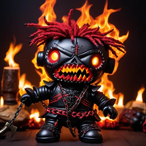 (knitted toy voodoo doll:1.5), (Voodoo Hellish Executioner:1.3), (Clothing: blackened leather armor with infernal sigils:1.0), (Accessories: enchanted flaming axe emitting a demonic glow, floating chains:1.1), (background: dark, fiery inferno with burning ...