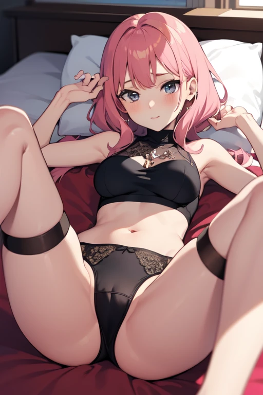 Create an anime girl on her back with her legs open wearing pink and black underwear and who is 26 years old in a luxurious room landscape.