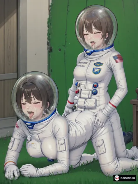 2 girl, yuri, space helmet, bubble helmet,, eva helm 2girls,,space helmet, eva helm,wearing a (spacesuit:1.15), white cargo pant...