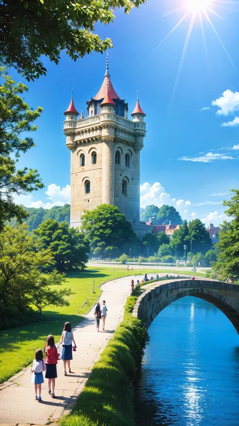 anime-style illustration, The image of very tall castle gate, bright blue sky, vibrant color.