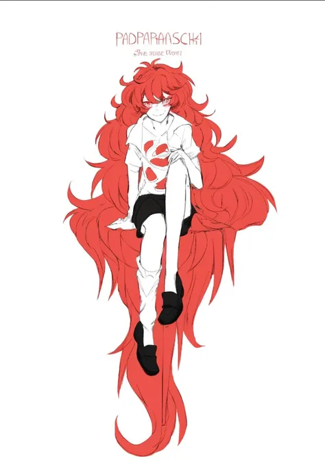 anime girl with long red hair sitting on a chair, yandere. tall, fire!! full body, digital art from padparasha, akane owari, houseki no kuni, inspired by Ib Eisner, red aura, anime full body illustration, with curly red hair, gapmoe yandere, she has red ha...