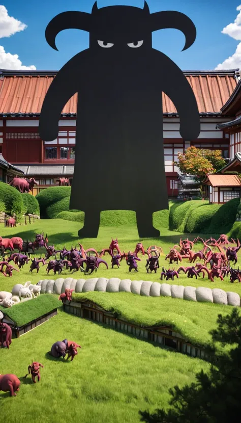 A tranquil village with traditional Japanese houses, lush green fields, and a clear blue sky. In the foreground, a white cat with blue eyes named Milk looks worried. In the background, a giant, menacing oni (Japanese demon) silhouette is approaching the vi...