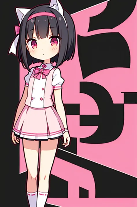 1girl, anime girl, , black hair, short hair, short twintail, pink eyes, white outfit, short skirt, shoes, white sock, long sock, full body, blank background