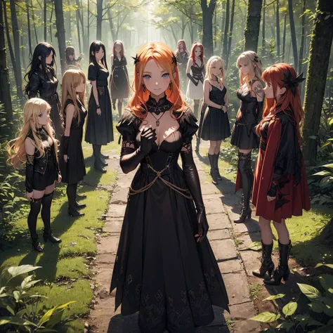 a group of beautiful witch girls in the middle of a forest in the night, tribal tattoo ,multiple girls, five girls, red and blonde hair , standing girl young girl, gloves, elbow pads, boots, smiles, small breasts, long black dress, necklaces, jewelry decor...