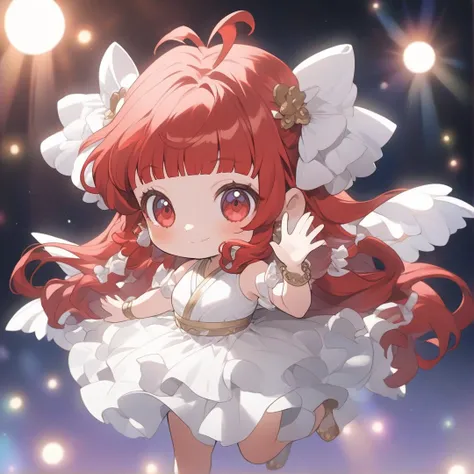 anime girl with long red hair and white dress waving, chibi anime, cute character, dancing character, anime style character, inspired by Matsumura Goshun, inspired by Takehisa Yumeji, playful pose cute of a dancer,, anime character, stylized anime, pastel ...