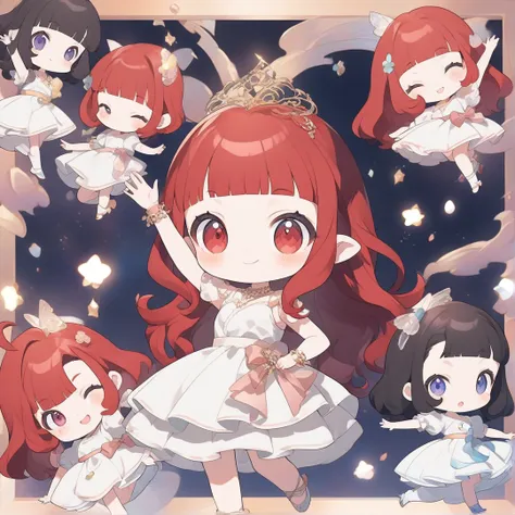 anime girl with long red hair and white dress waving, chibi anime, cute character, dancing character, anime style character, inspired by Matsumura Goshun, inspired by Takehisa Yumeji, playful pose cute of a dancer,, anime character, stylized anime, pastel ...