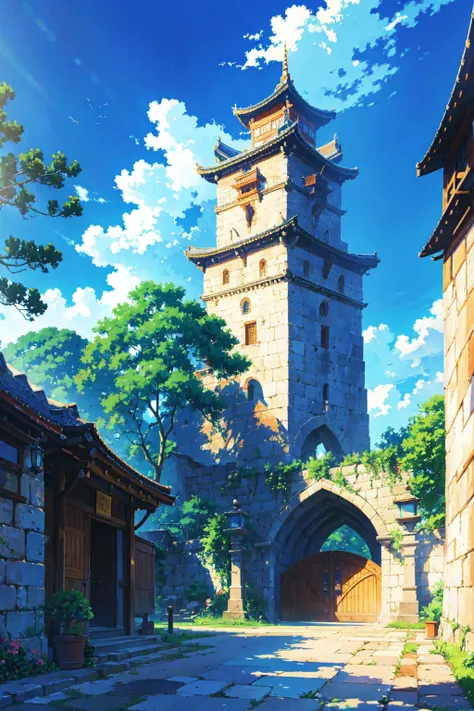 anime-style illustration, The image of very tall castle gate, bright blue sky, vibrant color.